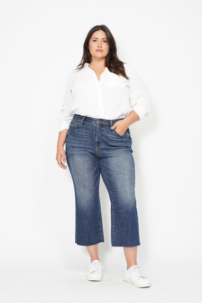 HIGH WAIST BACK POCKET EMBROIDERY CROP WIDE LEG JEAN BY JUDY BLUE - REG/CURVY