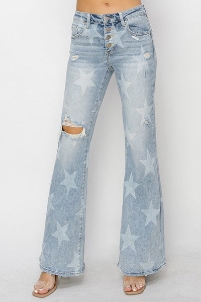 MR BUTTON DOWN WITH STAR PRINT FLARE JEAN BY RISEN