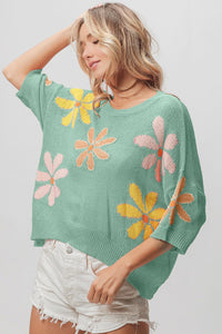 REESE FLORAL KNIT SWEATER TOP - MINT