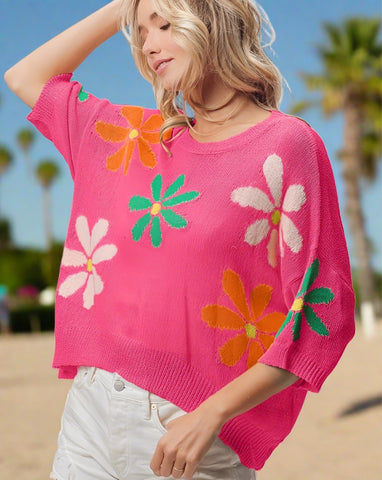 REESE FLORAL KNIT SWEATER TOP - FUCHSIA