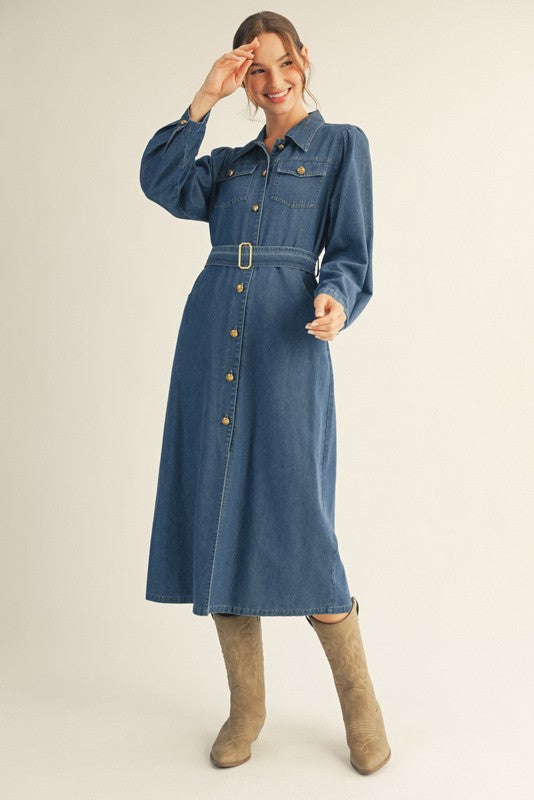 Waist Belted Button Down Denim Midi Dress