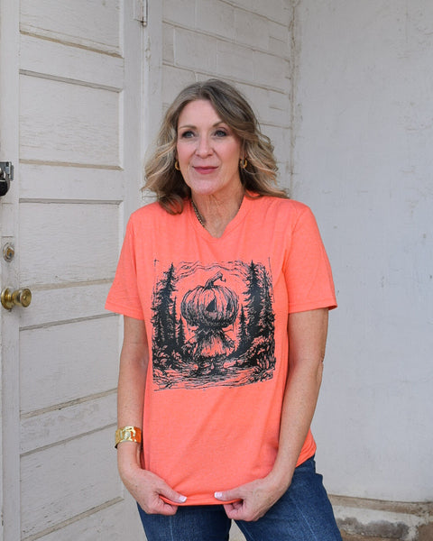 JACK-O-LANTERN SCARECROW GRAPHIC TEE- HEATHERED ORANGE