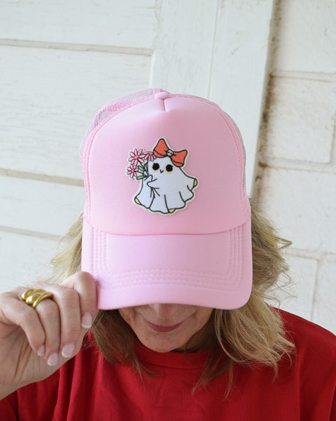 GHOST WITH FLOWERS TRUCKER HAT -LT. PINK