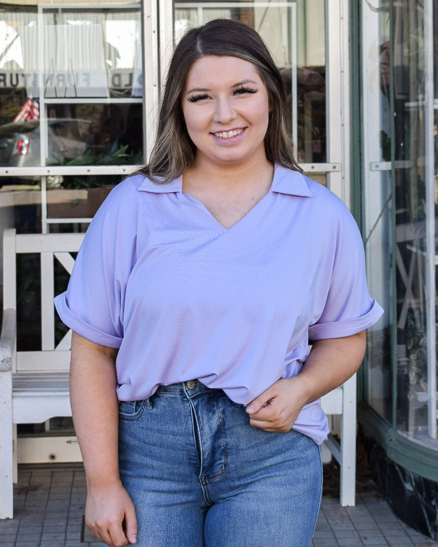 CARA COLLARED TOP - LAVENDER - REG/CURVY – Salty Lime Boutique
