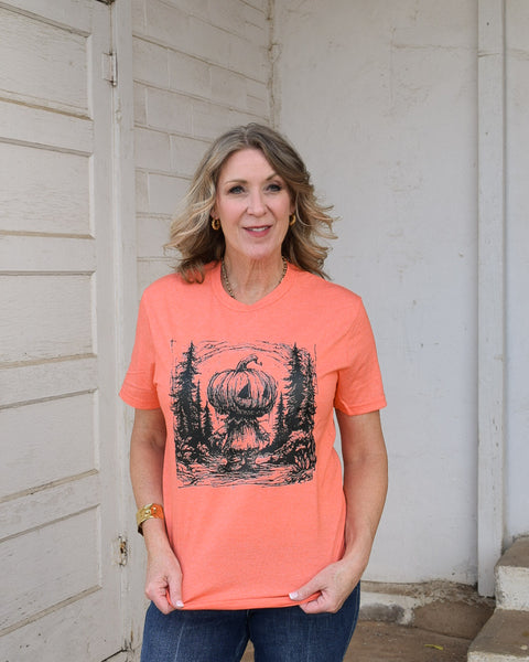 JACK-O-LANTERN SCARECROW GRAPHIC TEE- HEATHERED ORANGE