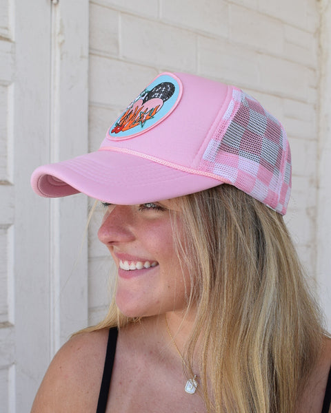 GOOD LUCK PATCH TRUCKER HAT - LT PINK CHECKERED