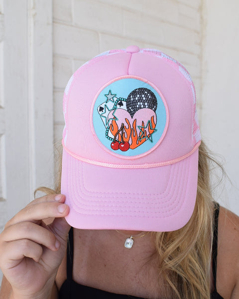 GOOD LUCK PATCH TRUCKER HAT - LT PINK CHECKERED