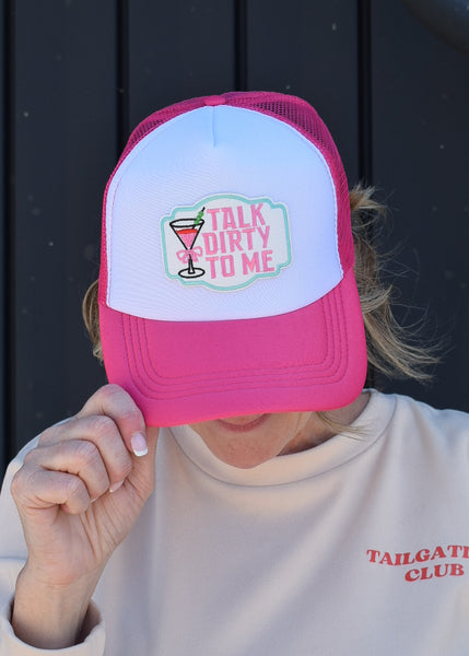TALK DIRTY TO ME MARTINI TRUCKER HAT - HOT PINK/WHITE