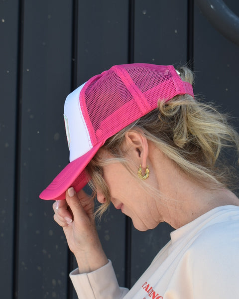 TALK DIRTY TO ME MARTINI TRUCKER HAT - HOT PINK/WHITE