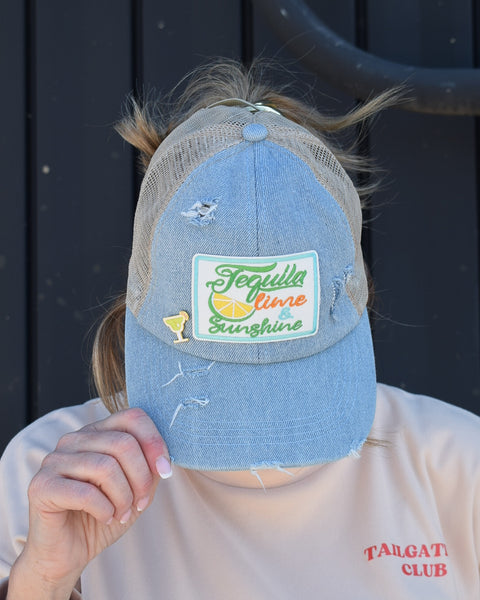 TEQUILA LIME & SUNSHINE TRUCKER HAT - DISRESSED LGT DENIM