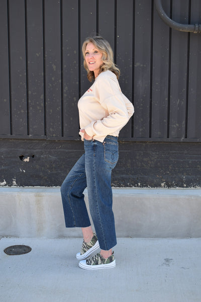 HIGH WAIST BACK POCKET EMBROIDERY CROP WIDE LEG JEAN BY JUDY BLUE - REG/CURVY