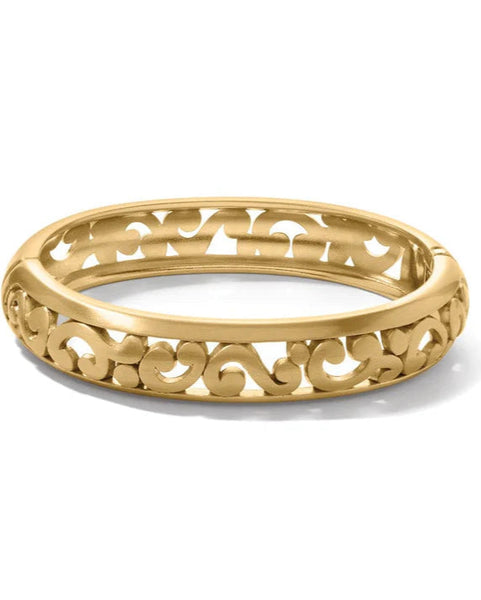 A gold-plated magnetic hinged bangle bracelet with a patterned design, part of the Contempo Collection.