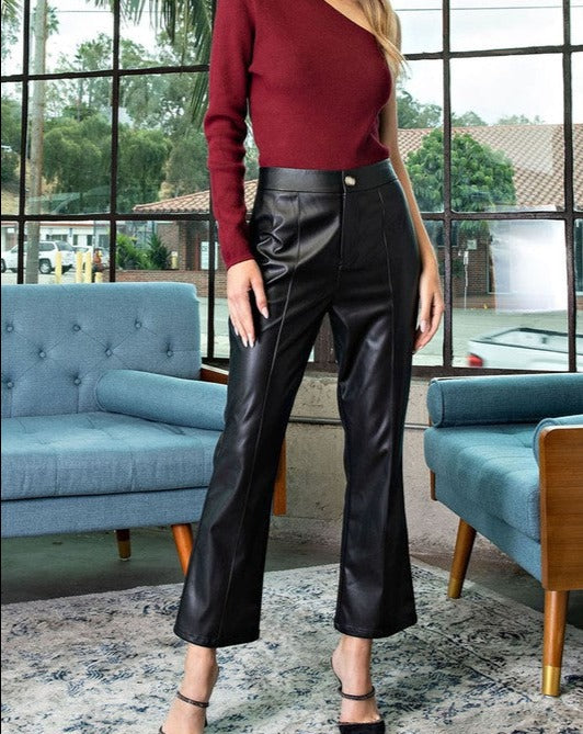 Black High Waist Faux Leather Flare Trousers