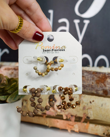 SEMI-PRECIOUS STONE HOOP EARRINGS SET OF 3 - BROWN