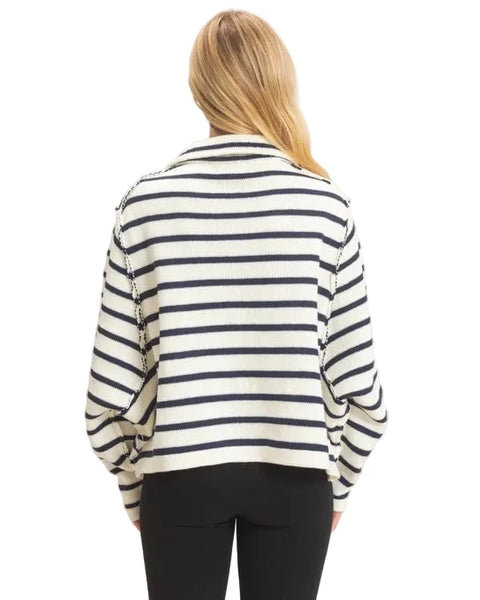 Coastal Charm Striped Button-Front Cardigan - Cream/Navy
