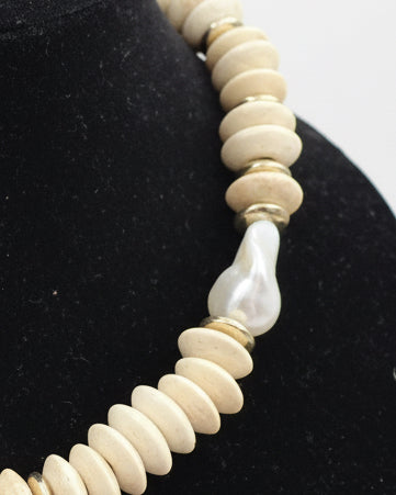 Natural Wooden Disc Bead & Pearl Necklace