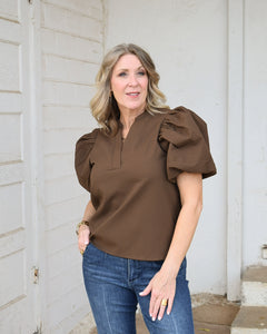 THIS IS ME V-NECK PUFF SLEEVE BLOUSE -  BROWN
