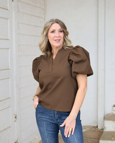 THIS IS ME V-NECK PUFF SLEEVE BLOUSE -  BROWN