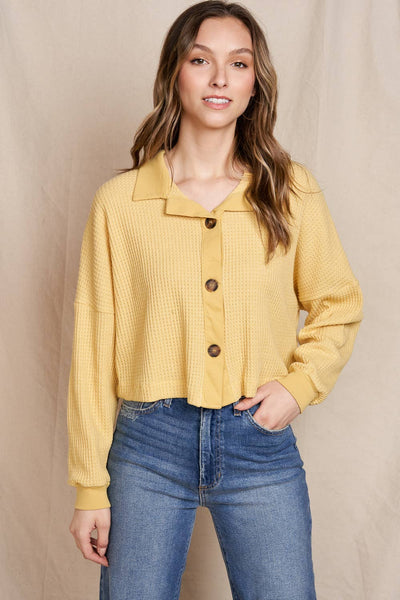 The Sunny Waffle Button-Up Top - Mustard