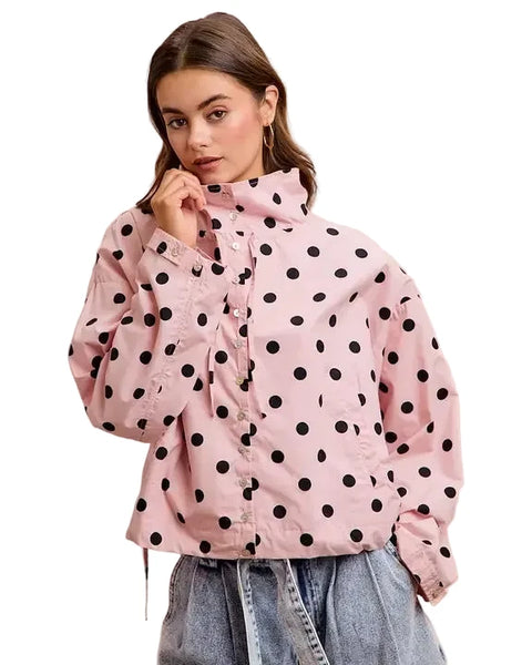 Polka Dot Hooded Windbreaker Jacket - Reg/Curvy - Dusty Pink - Salty Lime Boutique