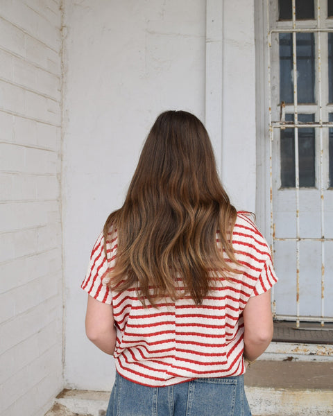 Striped Split Neck Collared Top SI-29235: RUBY - Salty Lime Boutique