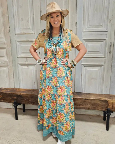 FLORAL DRESS - BY A RARE BIRD - TEAL - Salty Lime Boutique
