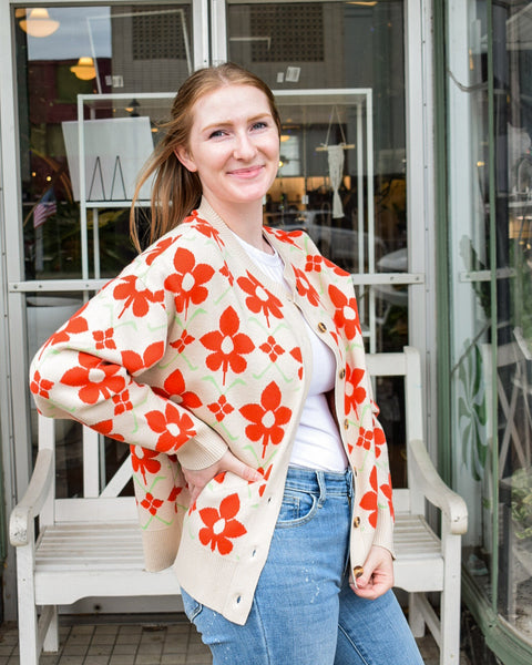 JANIS RED FLOWER SWEATER CARDIGAN