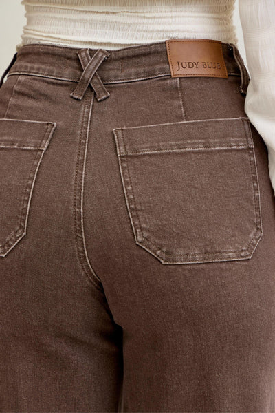 HW RETRO WIDE YARN DYED FRONT PATCH POCKET BY JUDY BLUE - BROWN - REG/CURVY