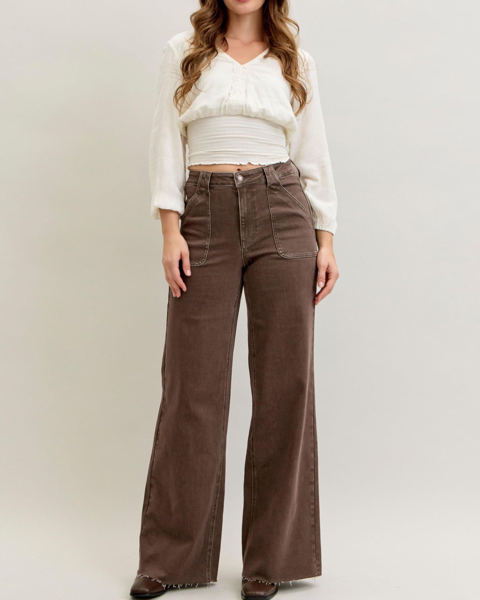 Brown Retro Wide leg jean with utility pockets by judy blue