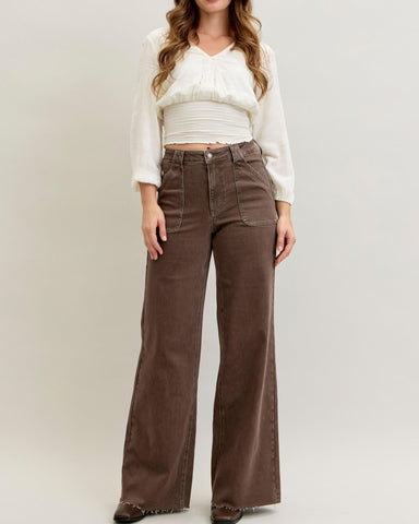 Brown Retro Wide leg jean with utility pockets by judy blue