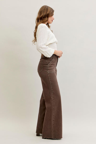 HW RETRO WIDE YARN DYED FRONT PATCH POCKET BY JUDY BLUE - BROWN - REG/CURVY