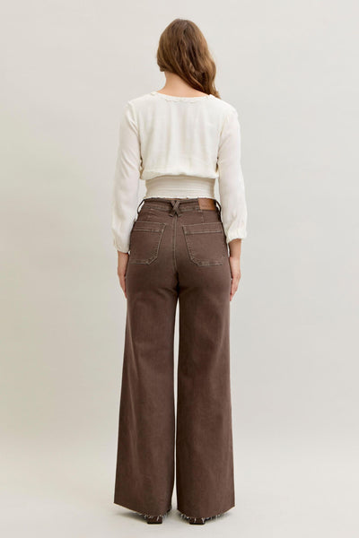 HW RETRO WIDE YARN DYED FRONT PATCH POCKET BY JUDY BLUE - BROWN - REG/CURVY