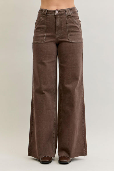 HW RETRO WIDE YARN DYED FRONT PATCH POCKET BY JUDY BLUE - BROWN - REG/CURVY