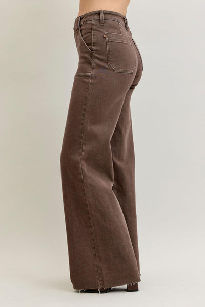 HW RETRO WIDE YARN DYED FRONT PATCH POCKET BY JUDY BLUE - BROWN - REG/CURVY