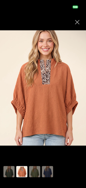 Justine Leopard Trim Blouse - Rust - Reg/Curvy - Salty Lime Boutique
