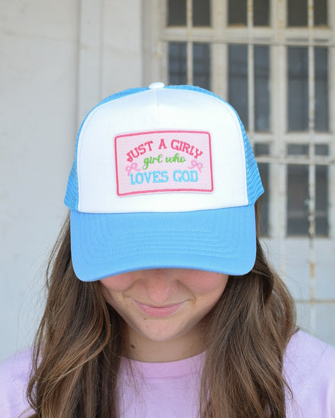 JUST A GIRLY WHO LOVES JESUS TRUCKER CAP - LIGHT BLUE/WHITE