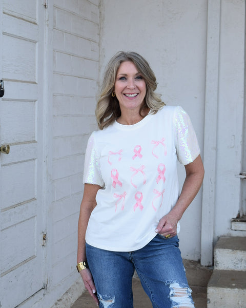 PINK RIBBON TOP- WHITE