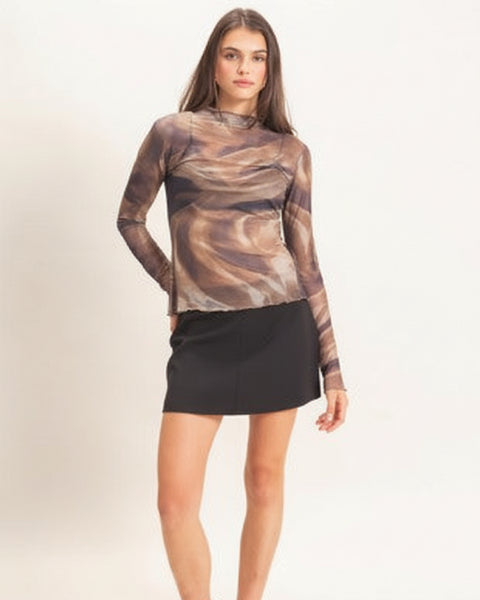 Abstract Mock Neck Mesh Top - Brown