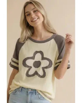 Flower Patch Short Sleeve Color Block Top - Grey - Reg/Curvy - Salty Lime Boutique