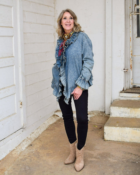 RUFFLED COTTON TOP BY A RARE BIRD - DENIM