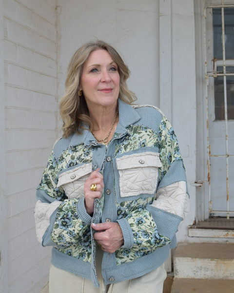 POP OF PATTERN PATCHWORK JACKET BY POL - BLUE/YELLOW