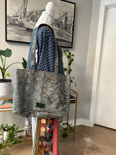 Embossed Western Leather Tote - Turquoise