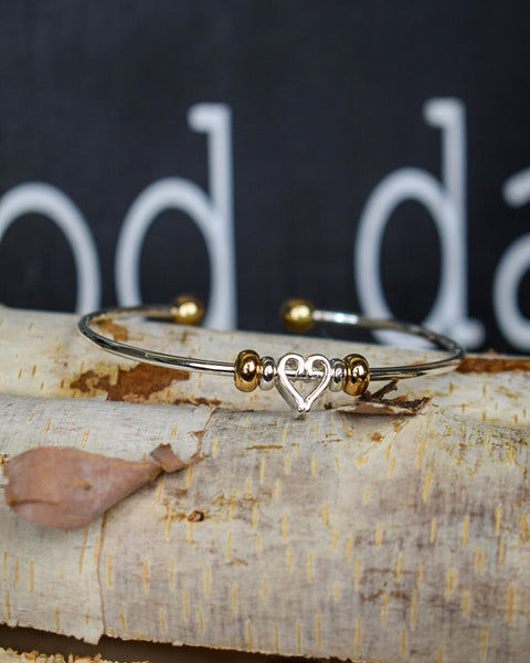 INTRICATE HEART CHARM CUFF BRACELET - SILVER
