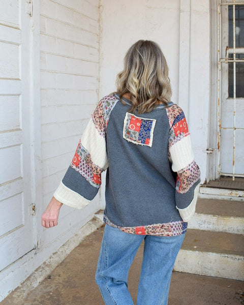 PEACE SIGN PATCHWORK TOP BY POL - CHARCOAL