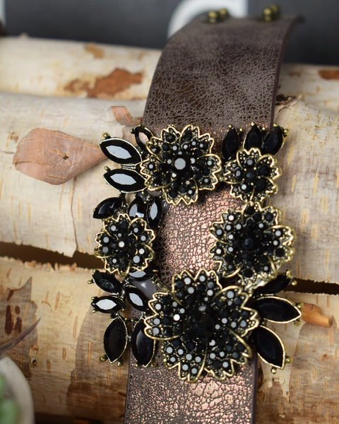 SILVER ANTIQUED FLORAL BUCKLE WITH BLACK STONES LEATHER CUFF BRACELET - 2 COLORS