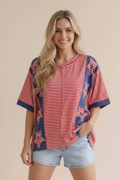 V-Neck Dolman Sleeve Stripe & Solid Color Block Star Patch Knit Top - Red - Salty Lime Boutique