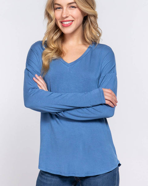 LONG DOLMAN SLEEVE V-NECK LAYERING TOP - 3 COLORS