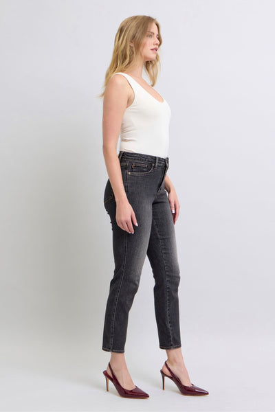 MID-RISE TUMMY CONTROL SLIM FIT JEANS BY JUDY BLUE - BLACK WASHED REG/CURVY
