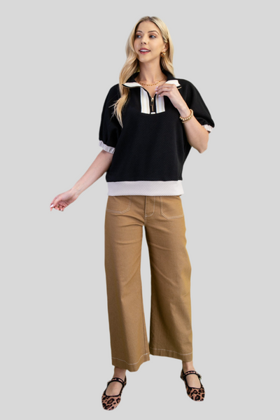TEXTURED HALF ZIP MOCK NECK TOP - BLACK