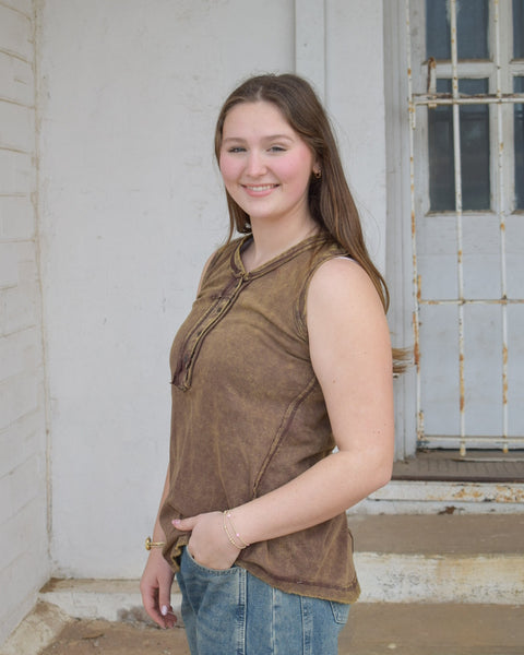WASHED HALF BUTTON RAW EDGE SLEEVELESS HENLEY TOP - 4 COLORS - Salty Lime Boutique